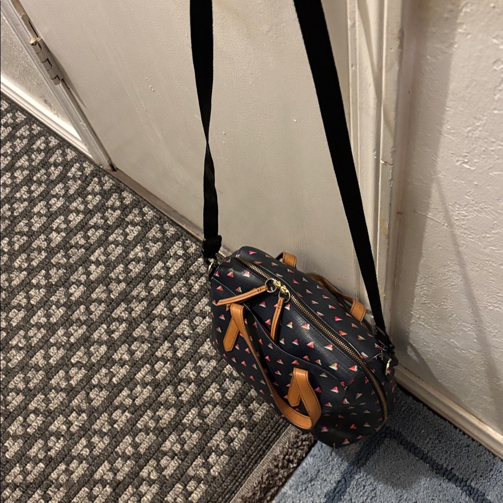 Fossil Women's Dark Blue Crossbody Bag with Colorful Triangles/ non Fossil strap